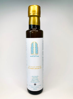 100% Organic Culinary Moroccan Argan Oil  250ml. Certified Organic by ECOCERT and USDA. Hand-harvested, first cold-pressed, cruelty-free, vegan, and 100% halal products. Superfood, anti-oxidant, rich in vitamin A & E, Omega 3 & 6. Perfect for dipping and seasoning.